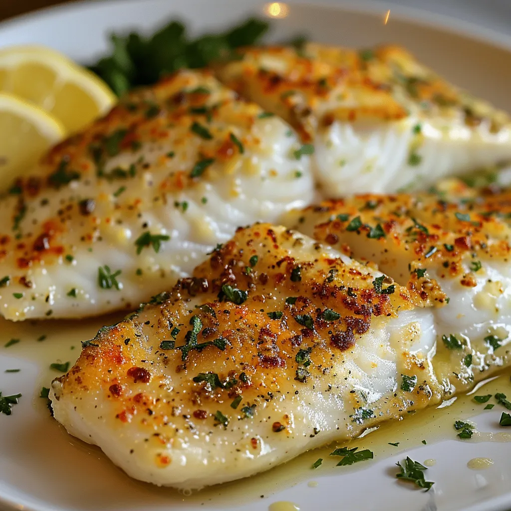 A crispy fish filet topped with Parmesan, served with lemon.