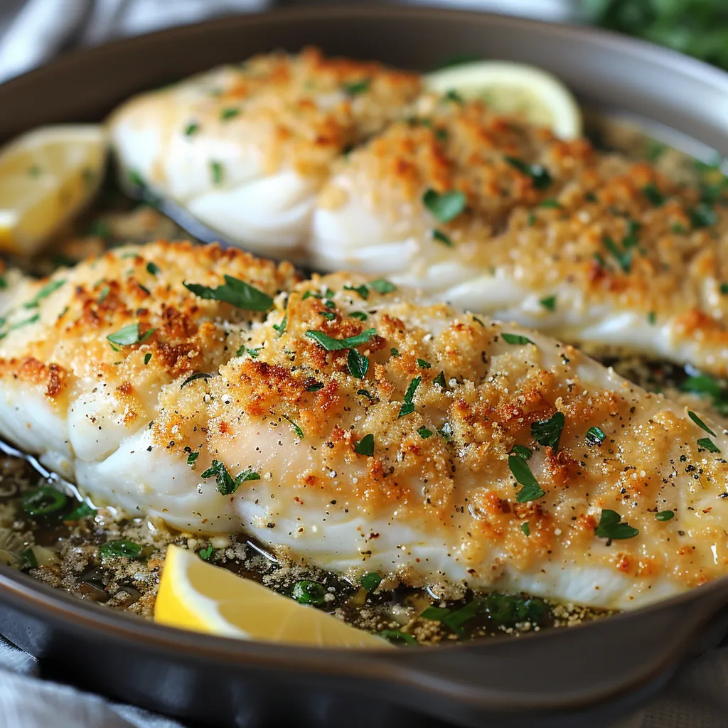 A pan of fish with a lemon wedge on top.