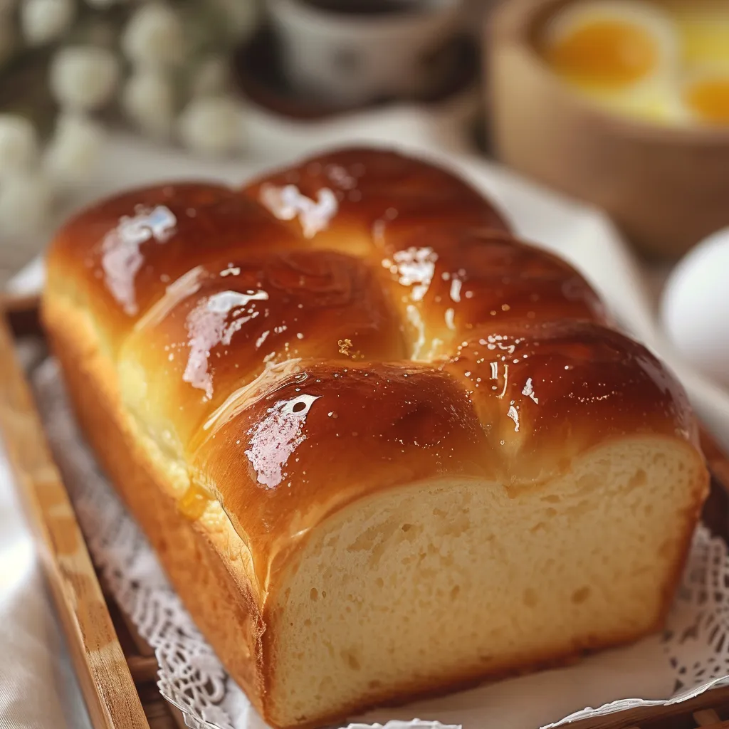 A loaf of bread with a golden brown crust and a shiny glaze.