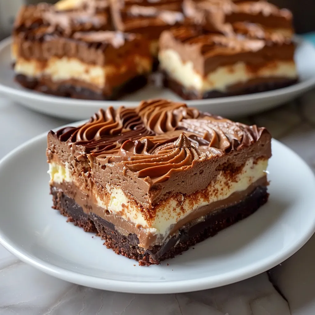 A plate with a slice of chocolate cake on it.