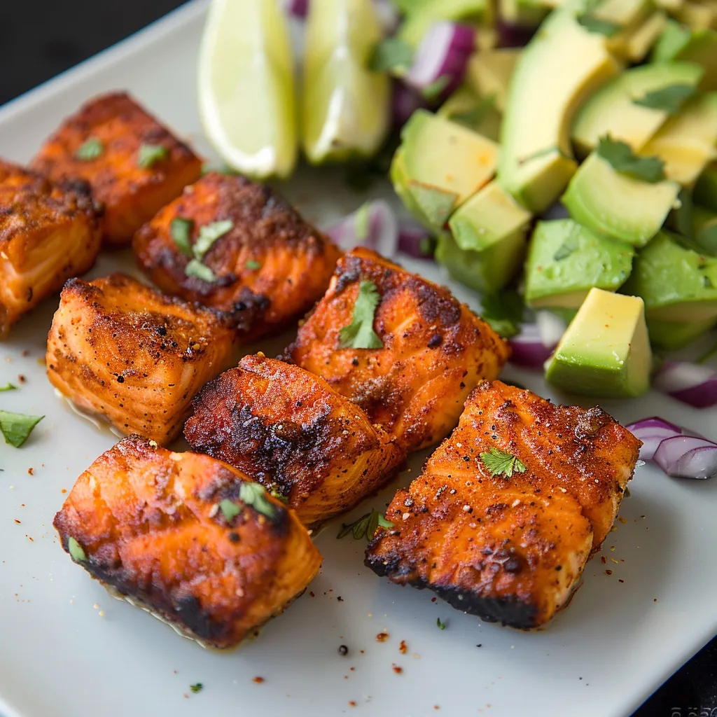 A plate with crispy fish cubes, avocado slices, and lime wedges.