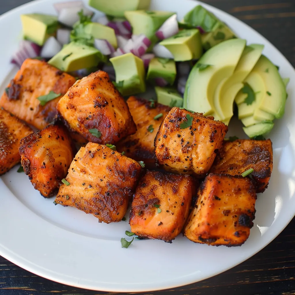 A plate of food with fish, avocado, and onions.