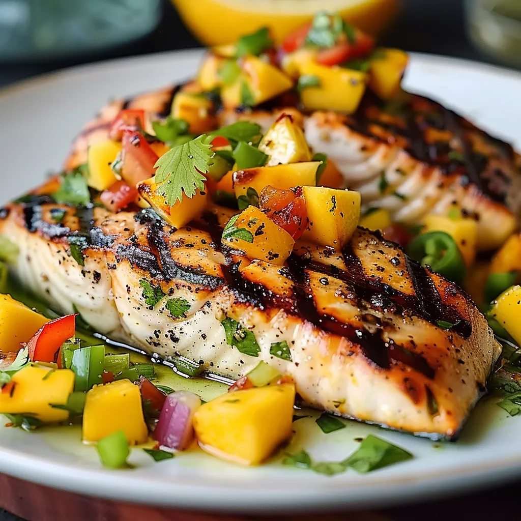A plate of food with a piece of fish and a slice of lemon.