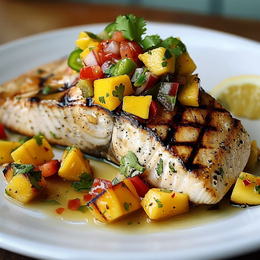 A grilled fish fillet topped with vibrant salsa next to a lemon wedge.