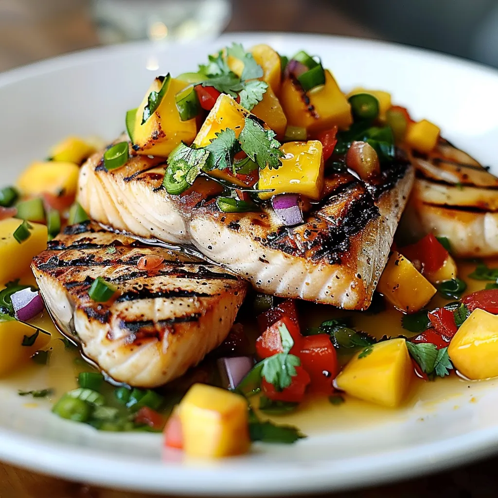 A plate of food with a variety of ingredients, including fish, mango, and peppers.