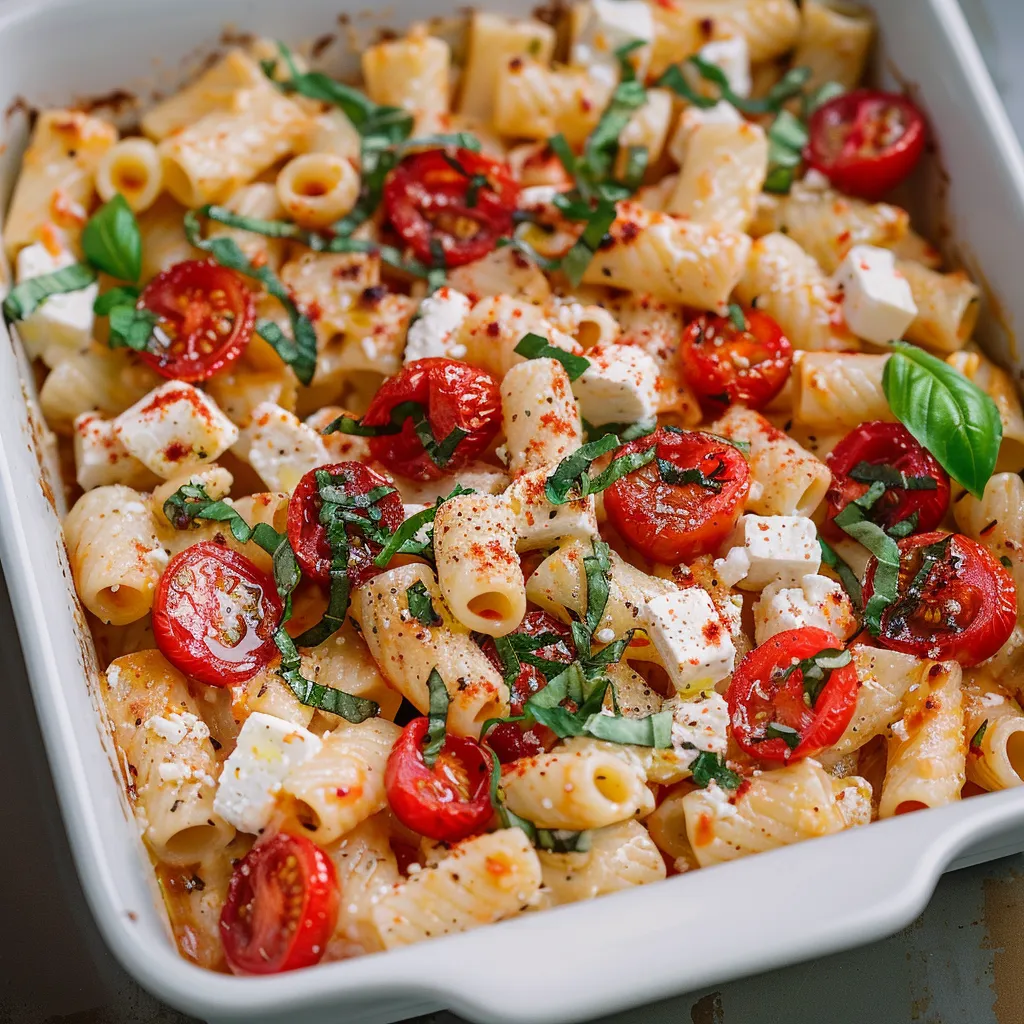 A white dish packed with pasta and juicy tomatoes.