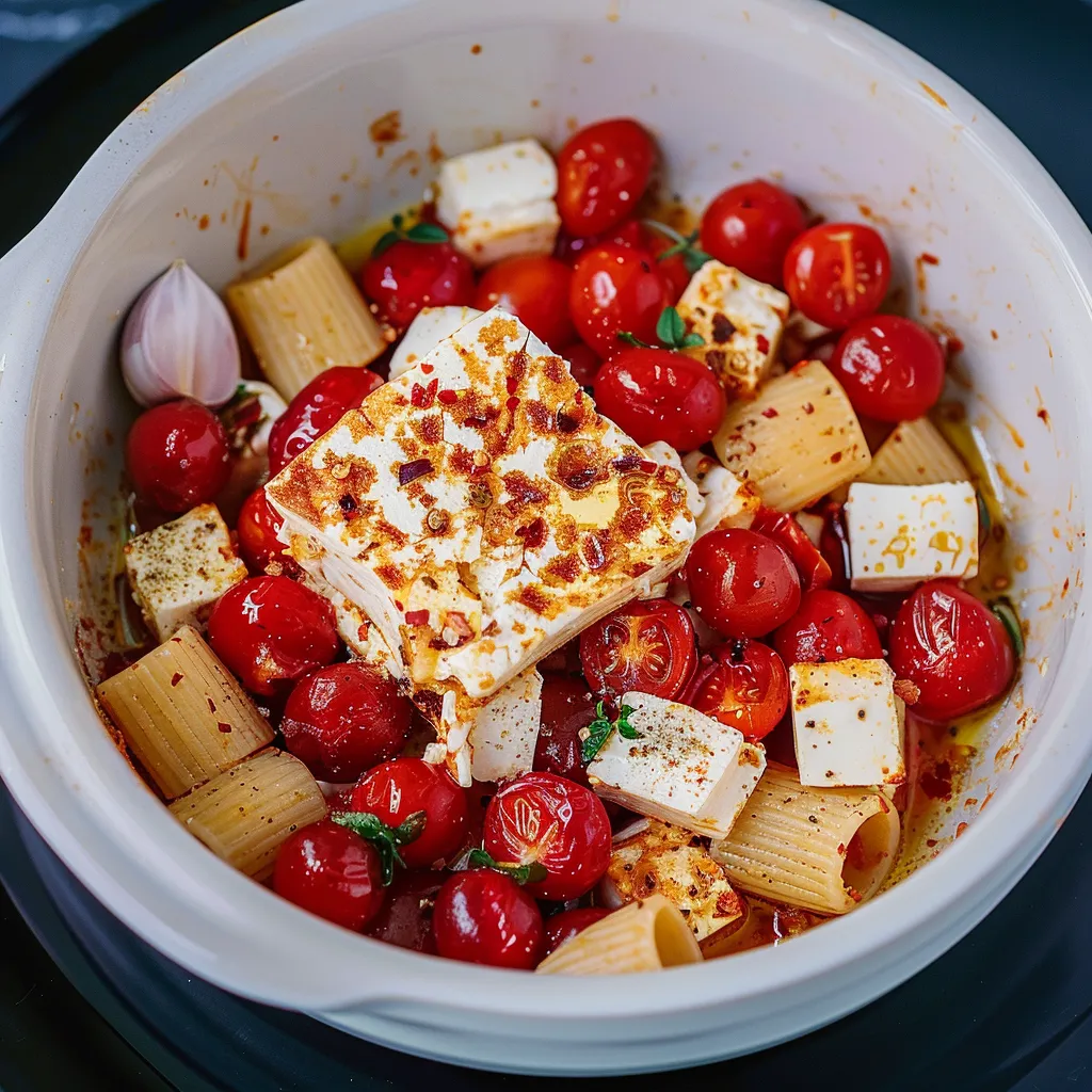 A dish filled with pasta, roasted tomatoes, and melty cheese.