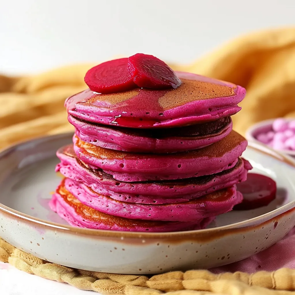Bright pink pancakes stacked high with a drizzle of sauce.
