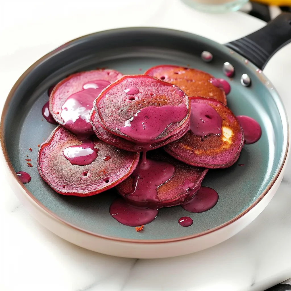 A pan of pancakes with red syrup on top.