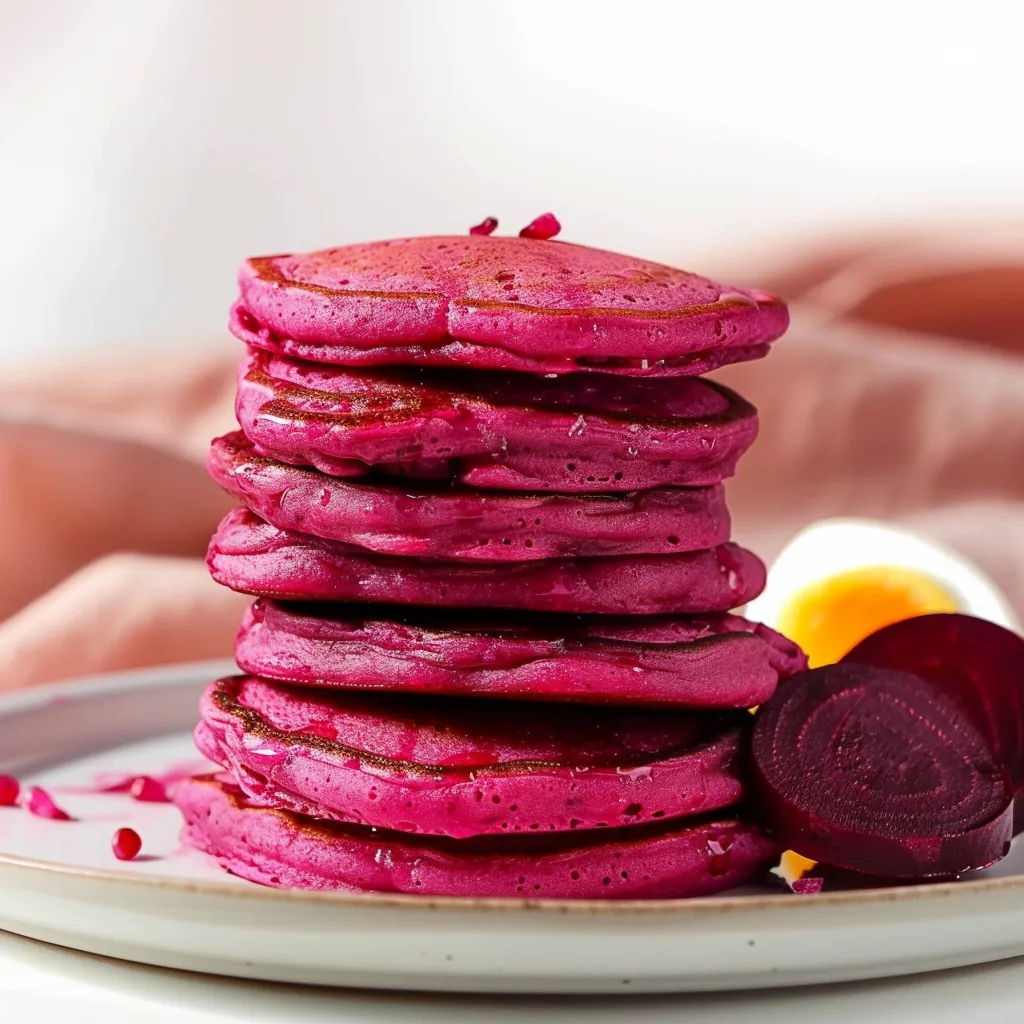 A stack of red velvet pancakes with a slice of orange on top.