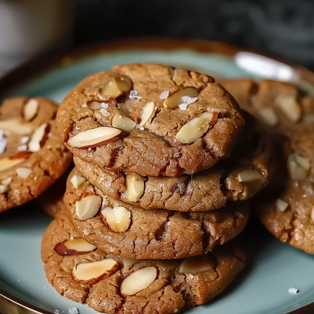A stack of almond cookies on a plate.