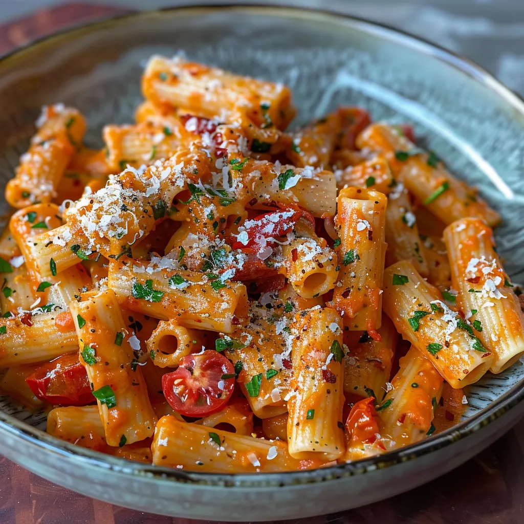 Pasta dish with tomatoes and cheese served in a bowl.