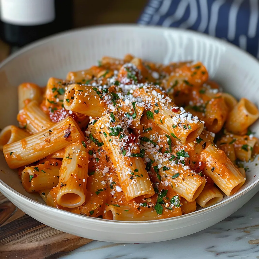 A warm bowl of pasta topped with garlic-tomato sauce and cheese.