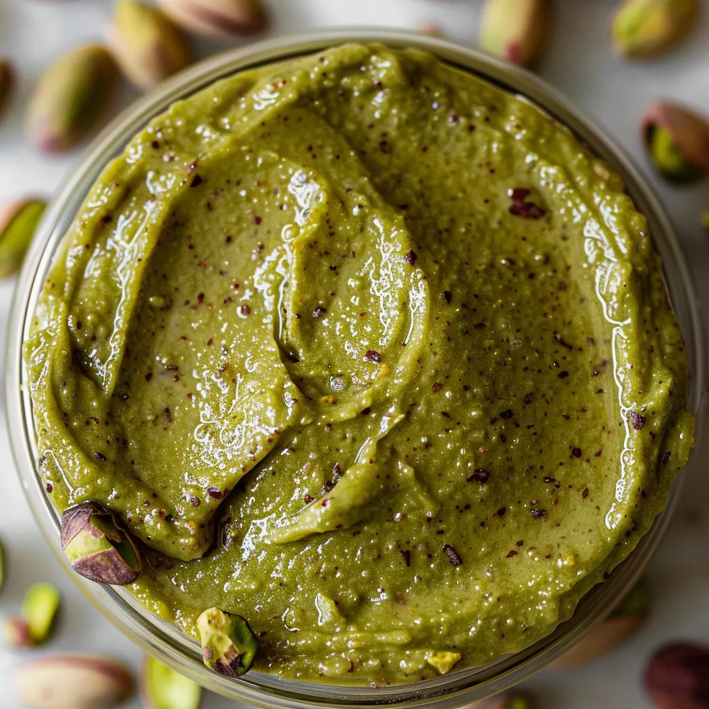 A cup of smooth green spread with pistachios on the side.
