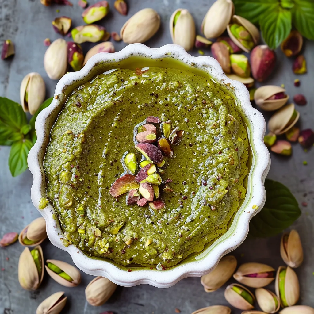 A bowl of green soup with nuts and almonds on top.