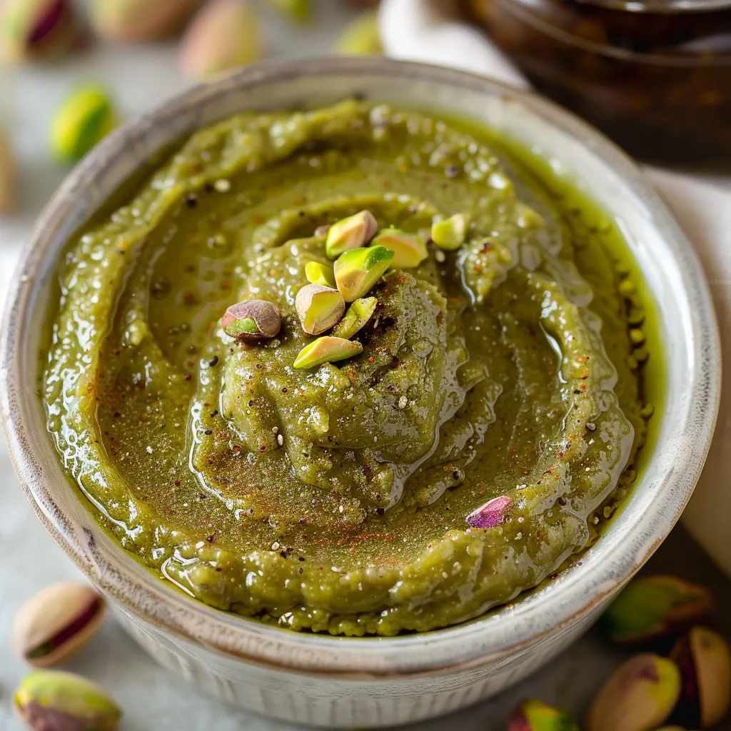 A bowl of green pesto with pine nuts and almonds on a table.