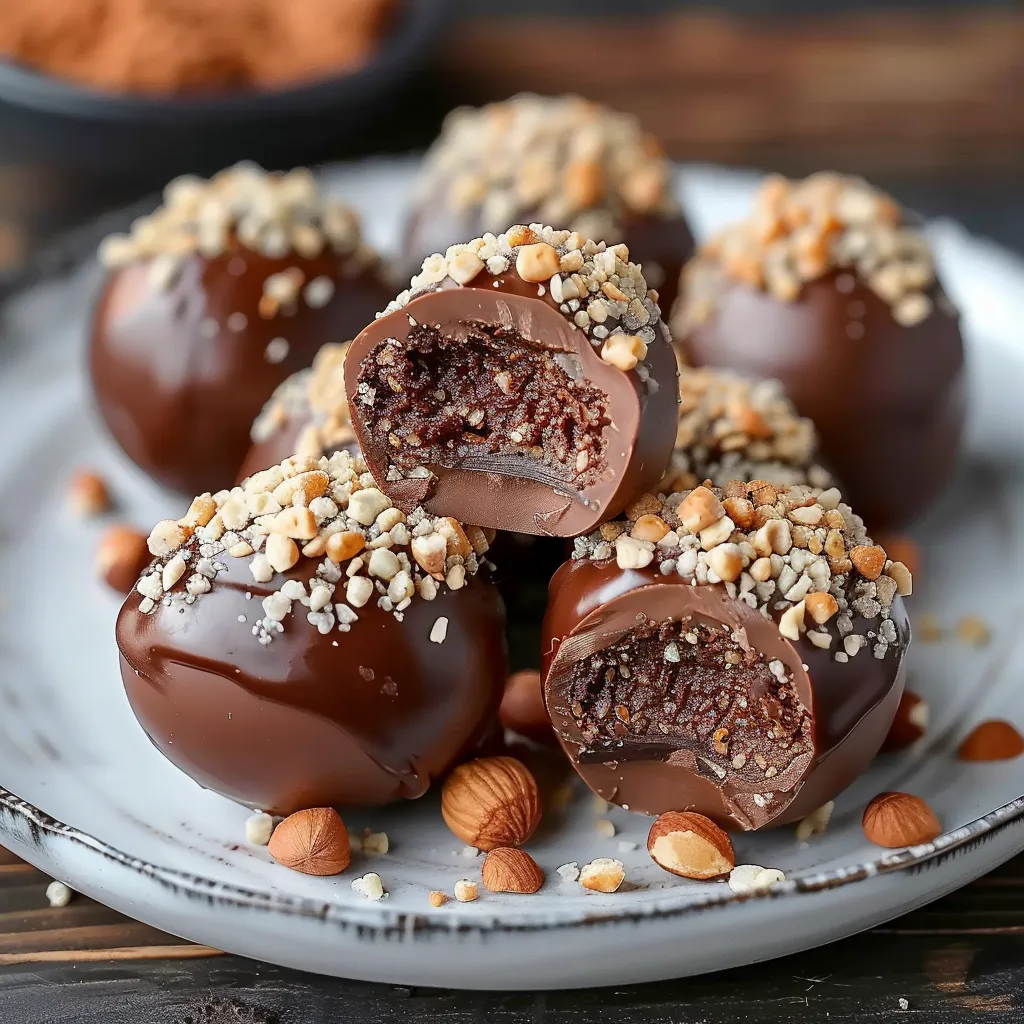 A plate of chocolate balls with nuts on top.