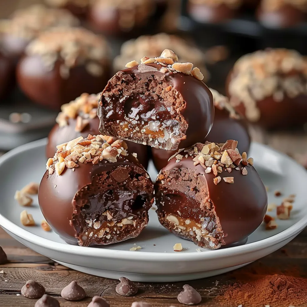 A plate filled with chocolate balls topped with nuts.