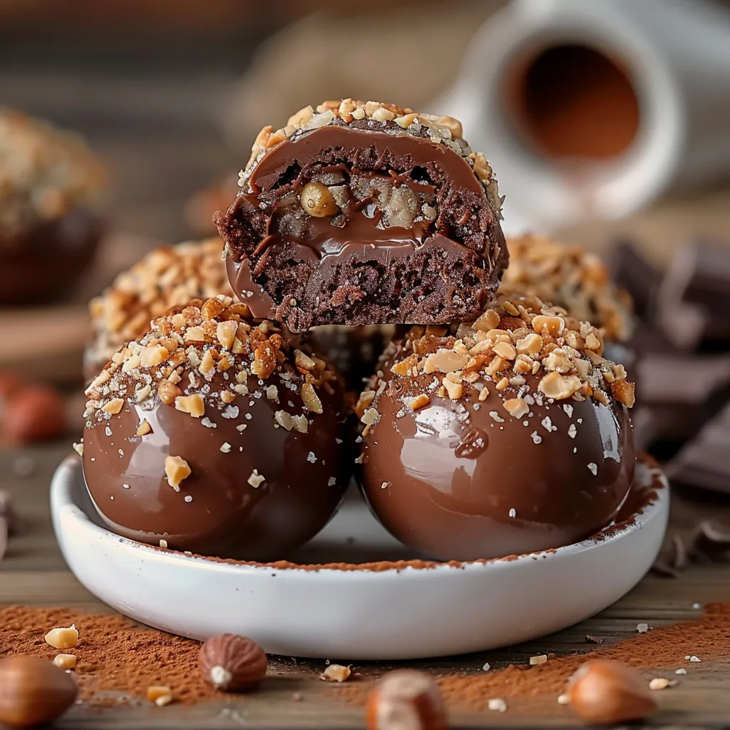 A plate of chocolate balls with nuts on top.