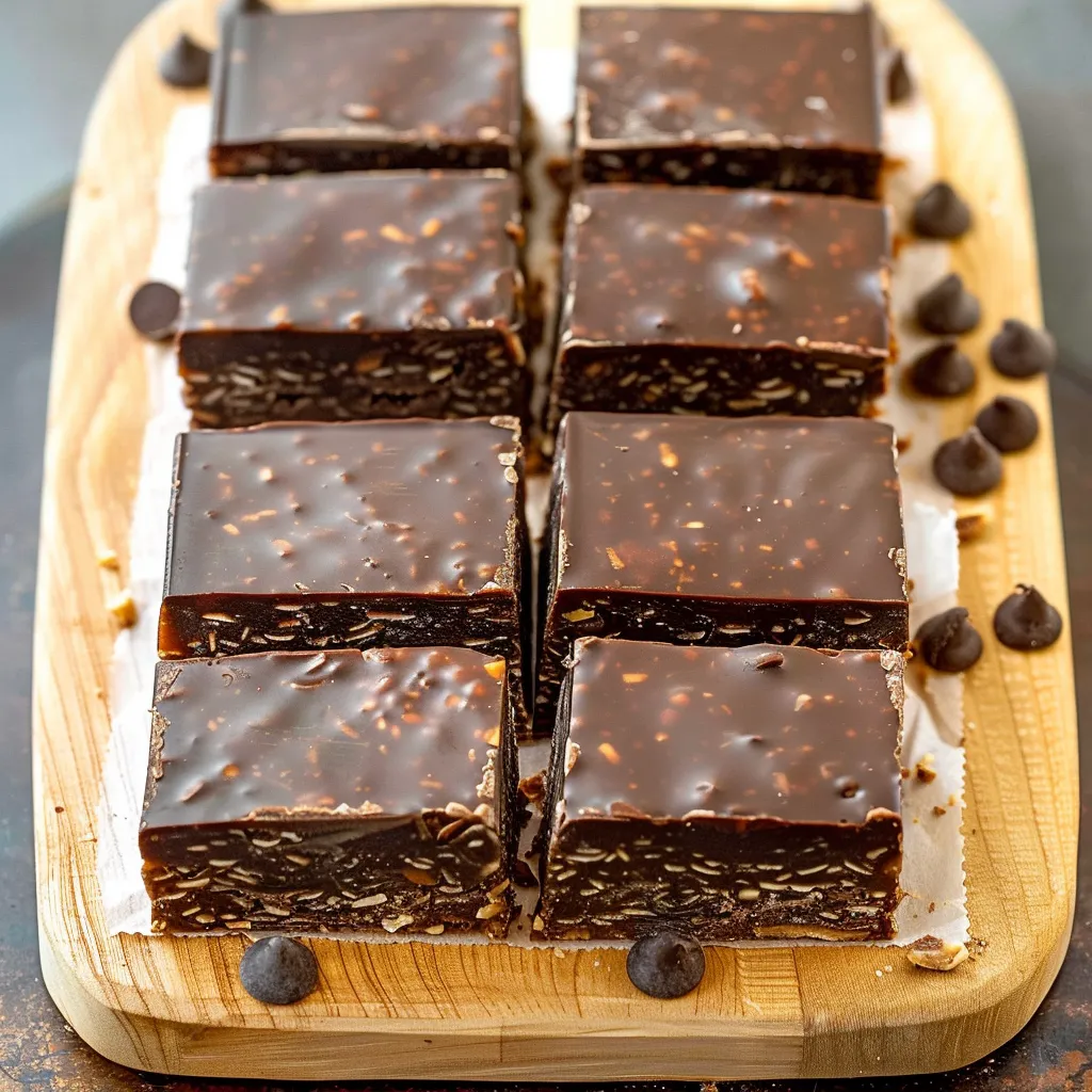 A wooden cutting board with a square of chocolate cake on it.
