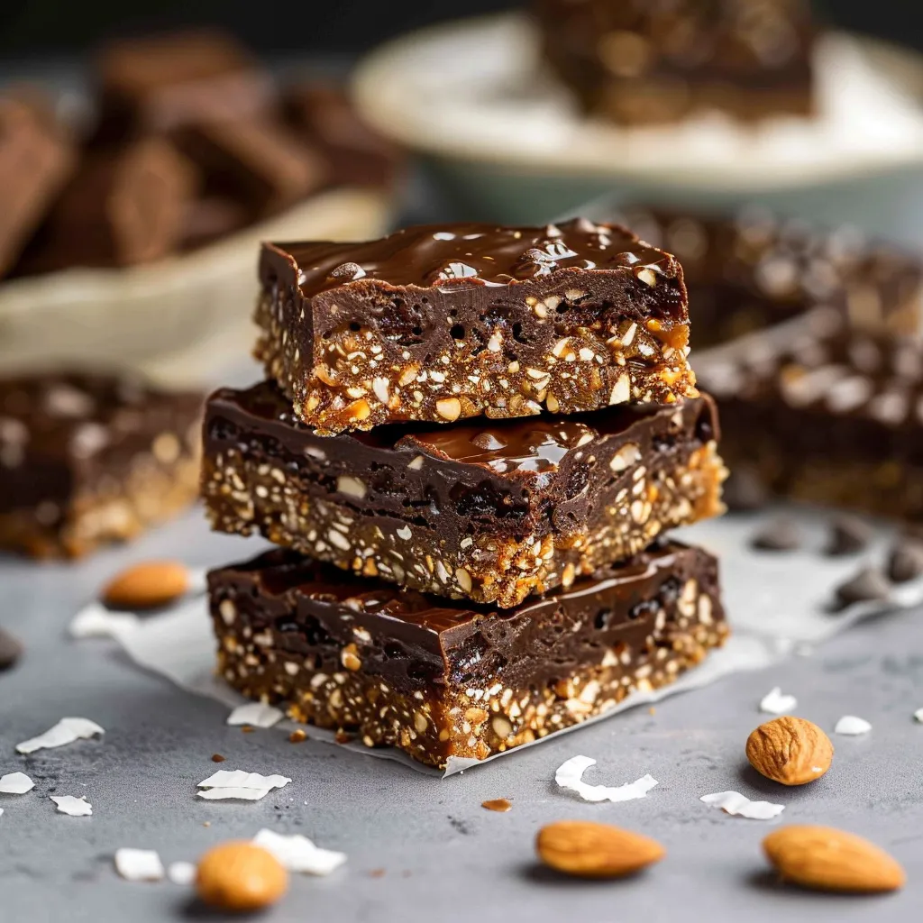 Stacked chocolate bars topped with nuts.