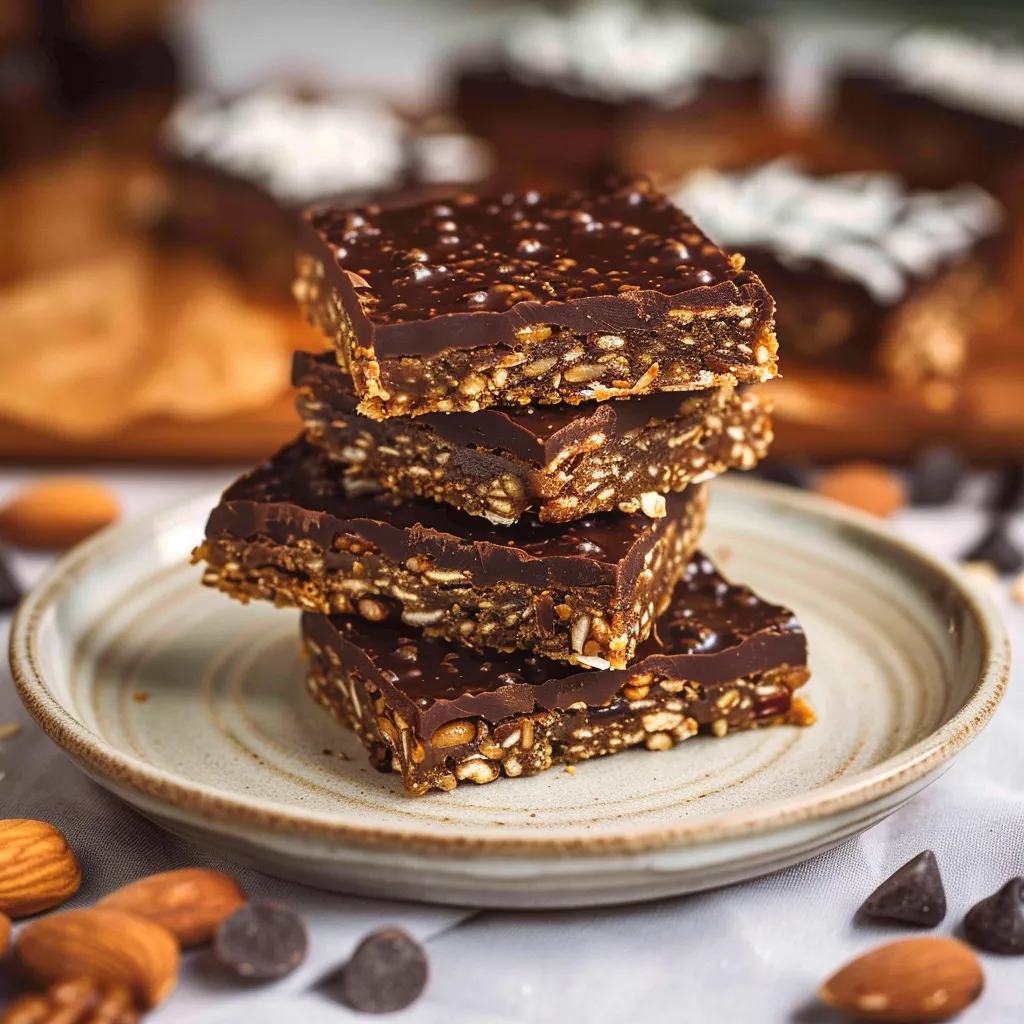 A plate of chocolate bars with nuts on top.