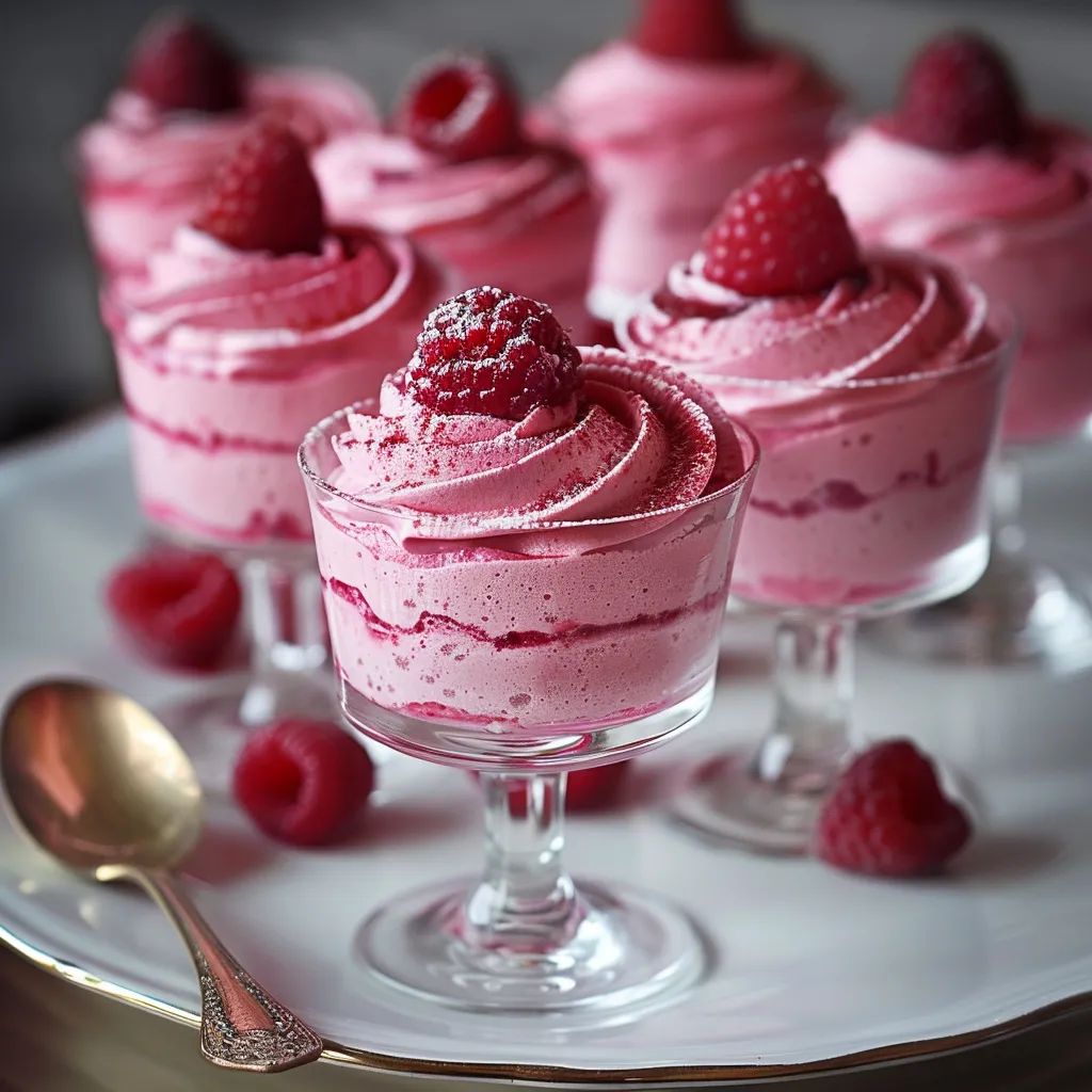 Four glass cups filled with pink mousse, each topped with a raspberry on a white plate.