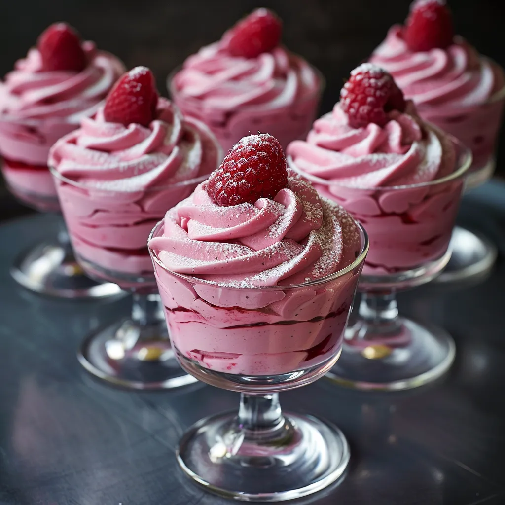 Four glasses of pink dessert with raspberries on top.