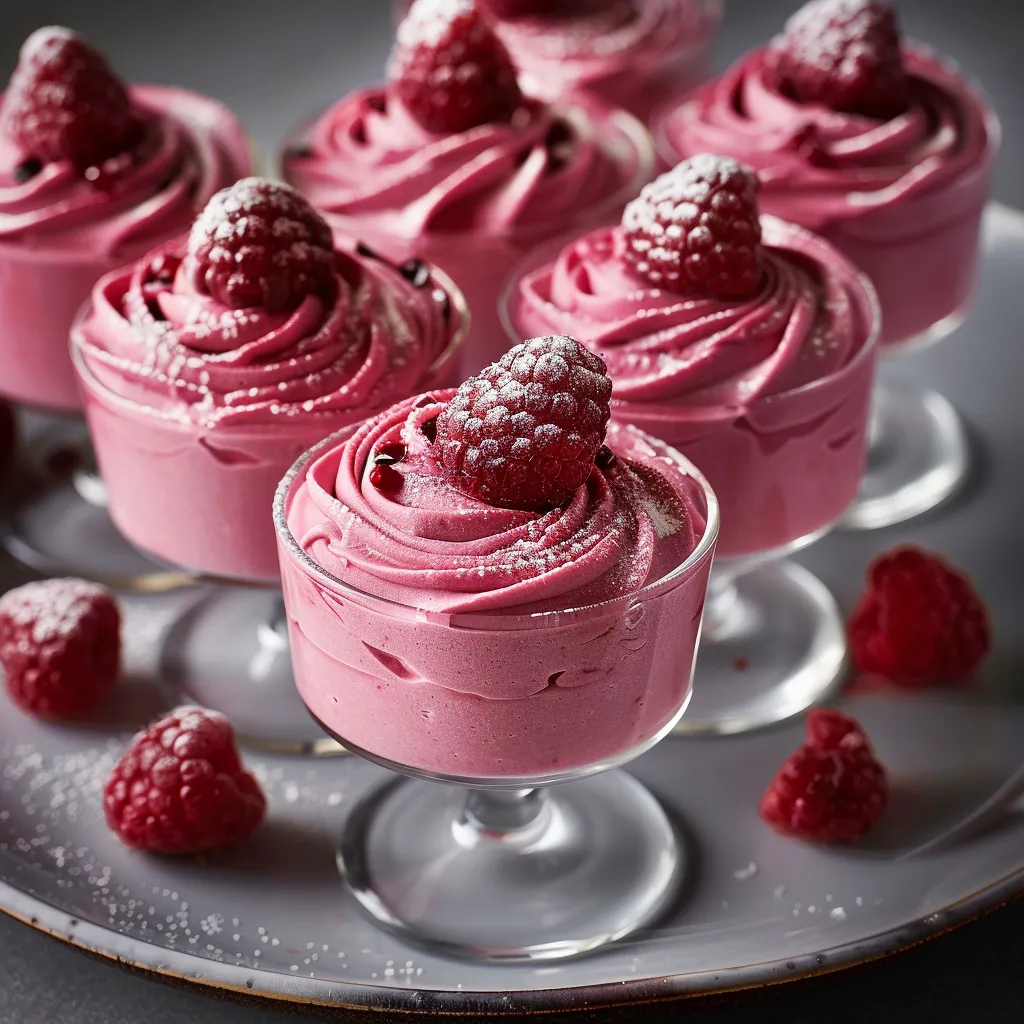 A plate with a glass of pink dessert and a raspberry on top.