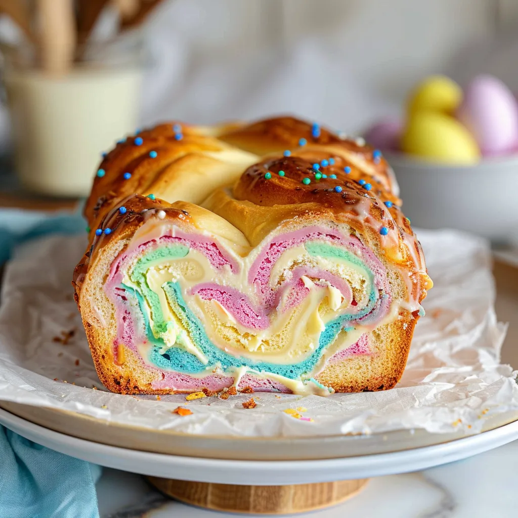 A heart-shaped colorful dessert resting on a serving plate.