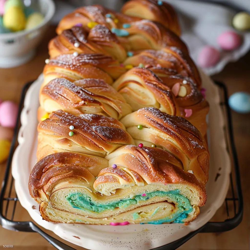 A delicious pastry with a blue and yellow filling is displayed on a plate.