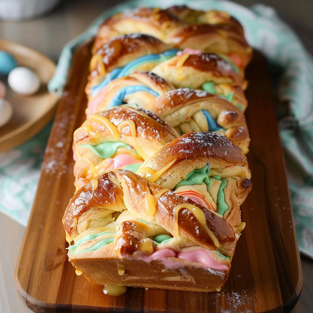 A colorful bread with rainbow colors and a yellow center is sitting on a wooden board.