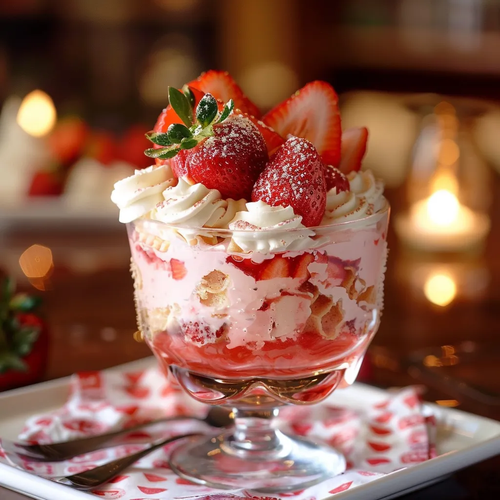 A dessert glass filled with whipped cream, layered with strawberries, and topped with fresh fruit.