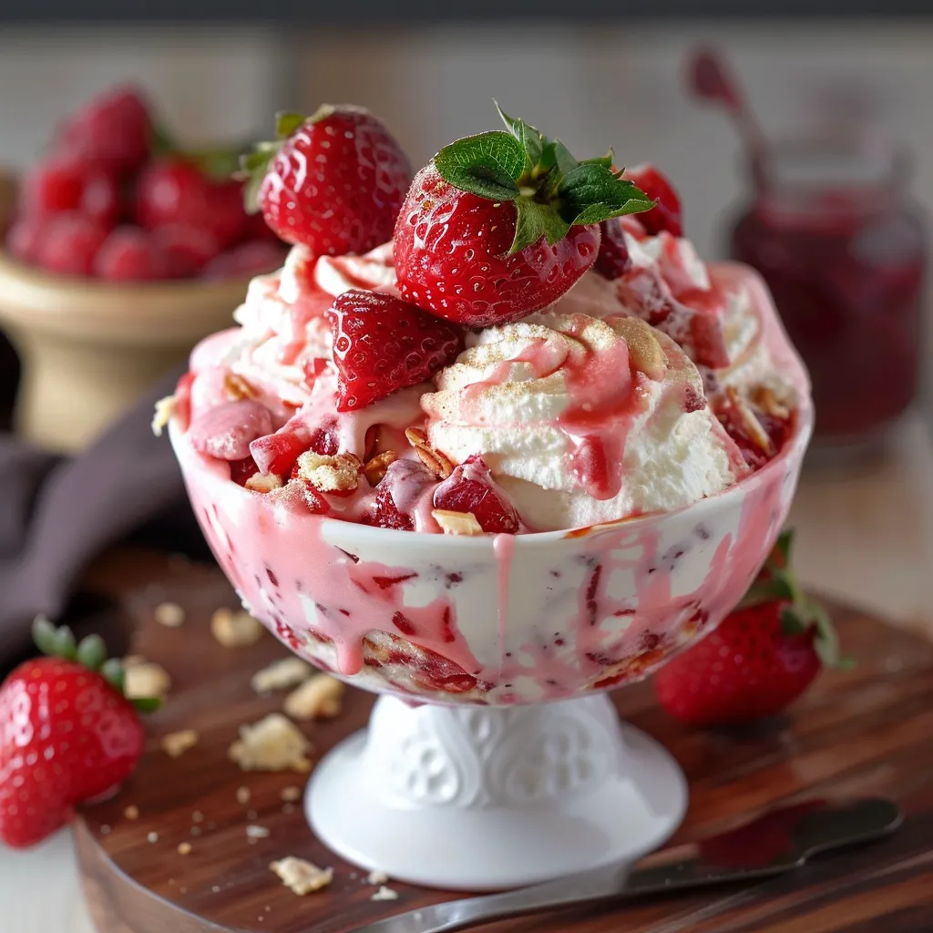 A bowl of strawberry ice cream with strawberries on top.
