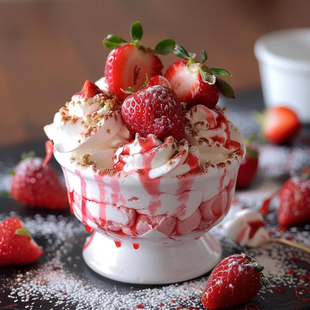 A bowl of strawberry shortcake with whipped cream and strawberries on top.
