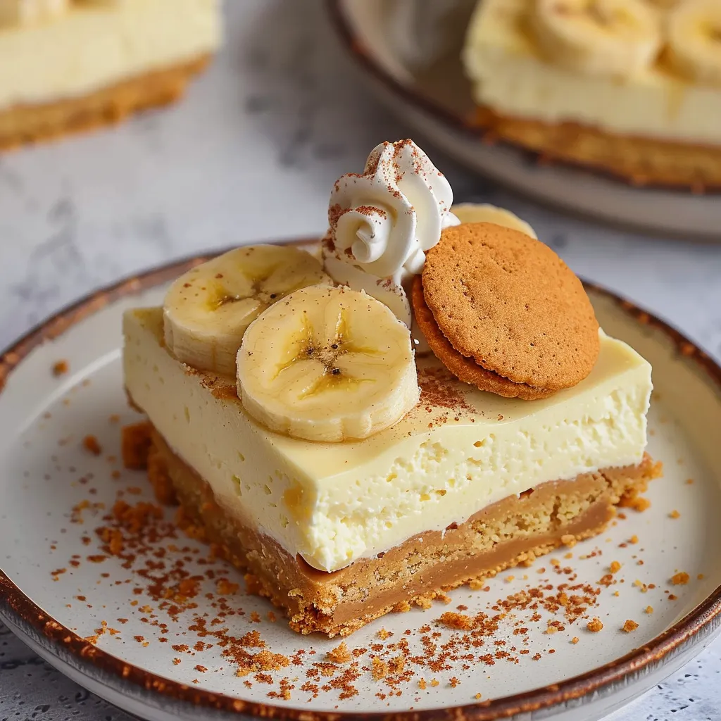 A slice of creamy banana dessert with cookie garnish on top.