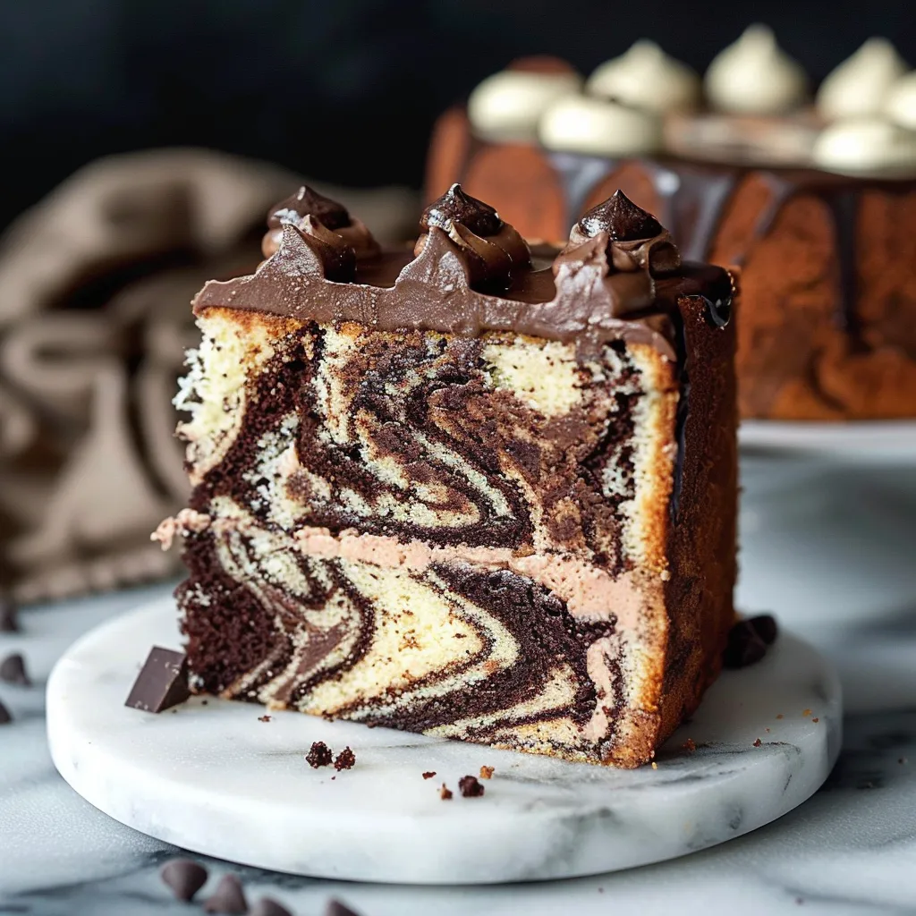 A fluffy cake slice with a chocolate and vanilla swirl frosting.