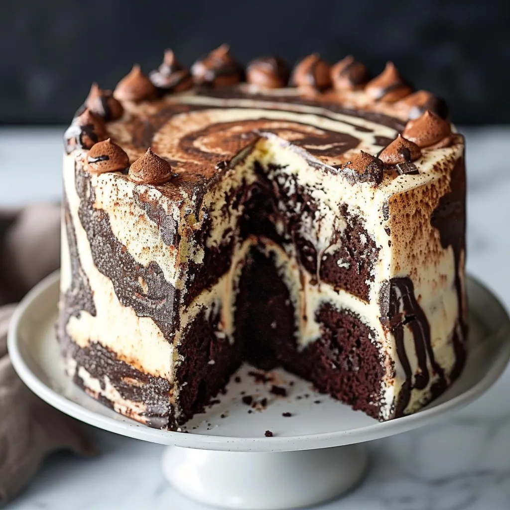 A slice of cake with chocolate and vanilla frosting.