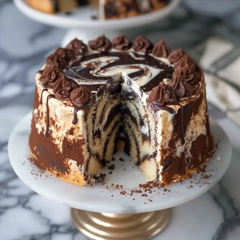 A slice of cake with chocolate and vanilla frosting on a plate.