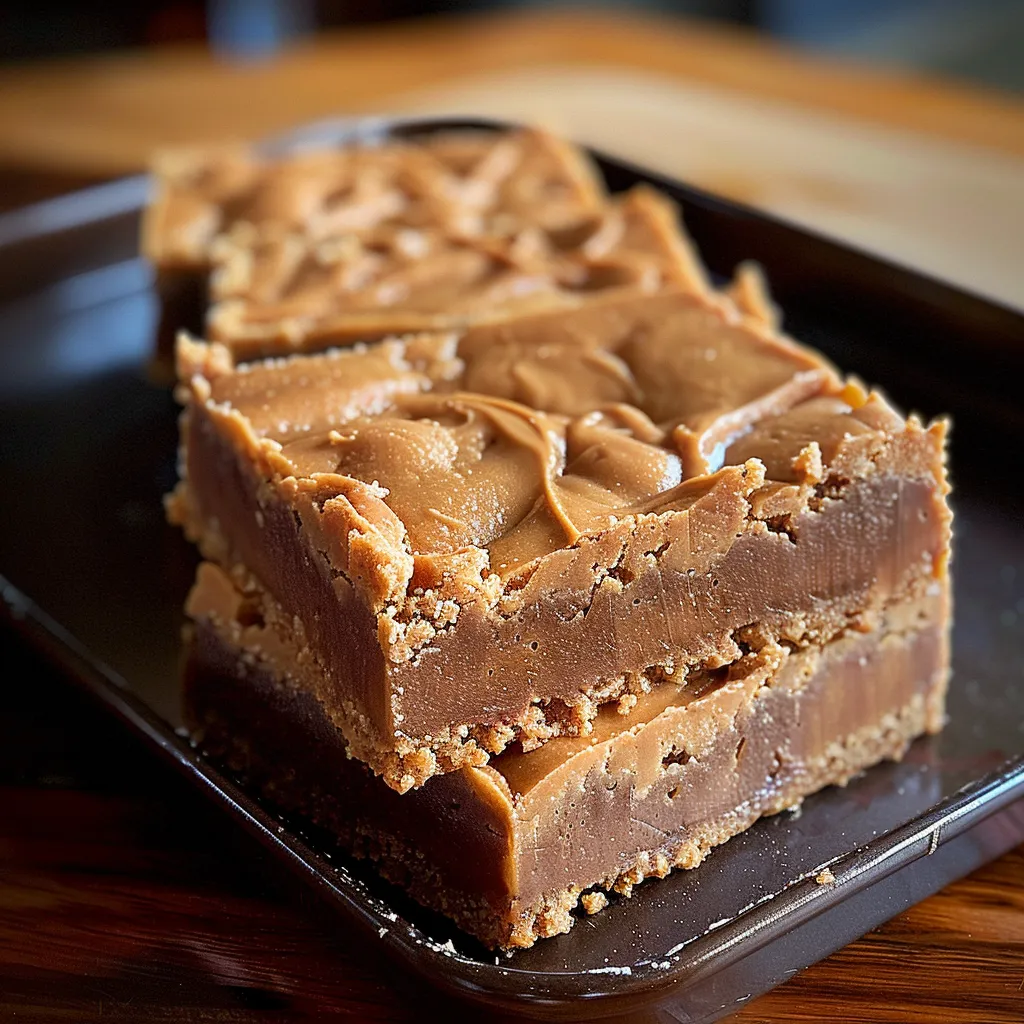 A square of chocolate cake with peanut butter frosting.