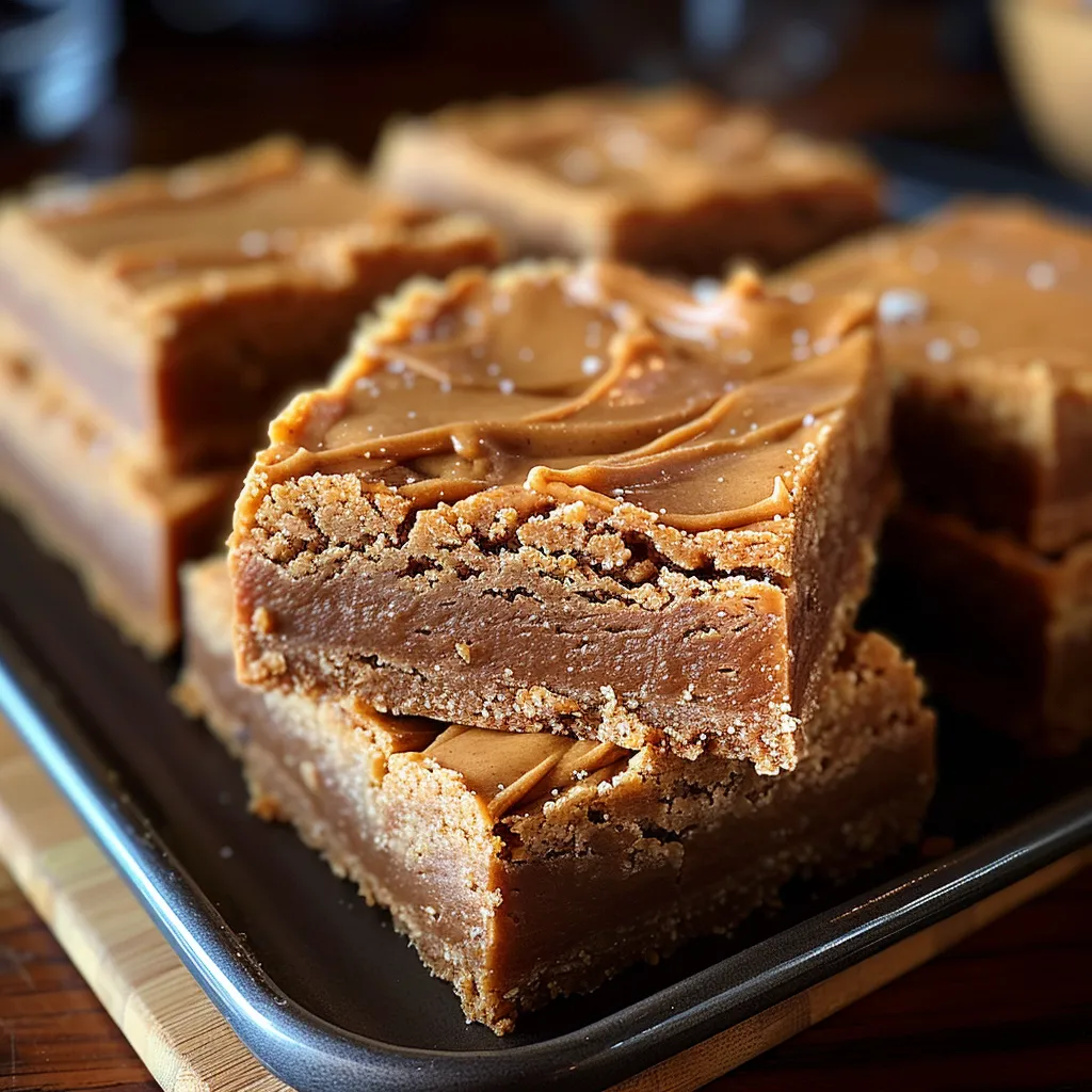 A tray of brownies with caramel topping.