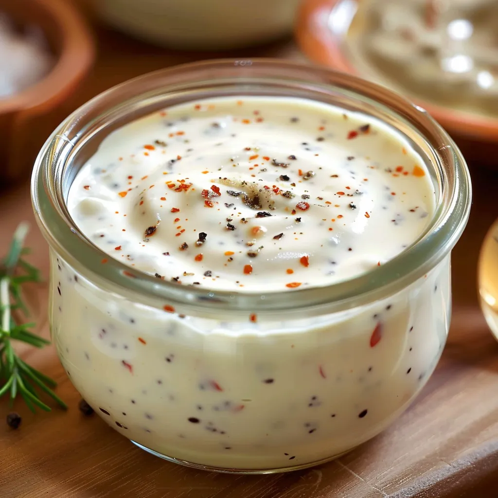 A bowl with white sauce and red flakes.