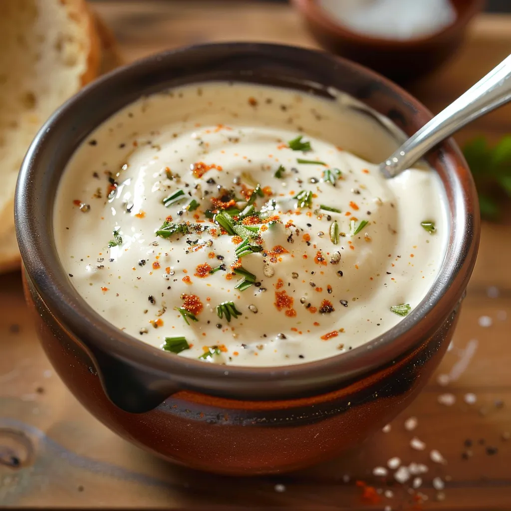 A bowl of soup with a spoon in it.