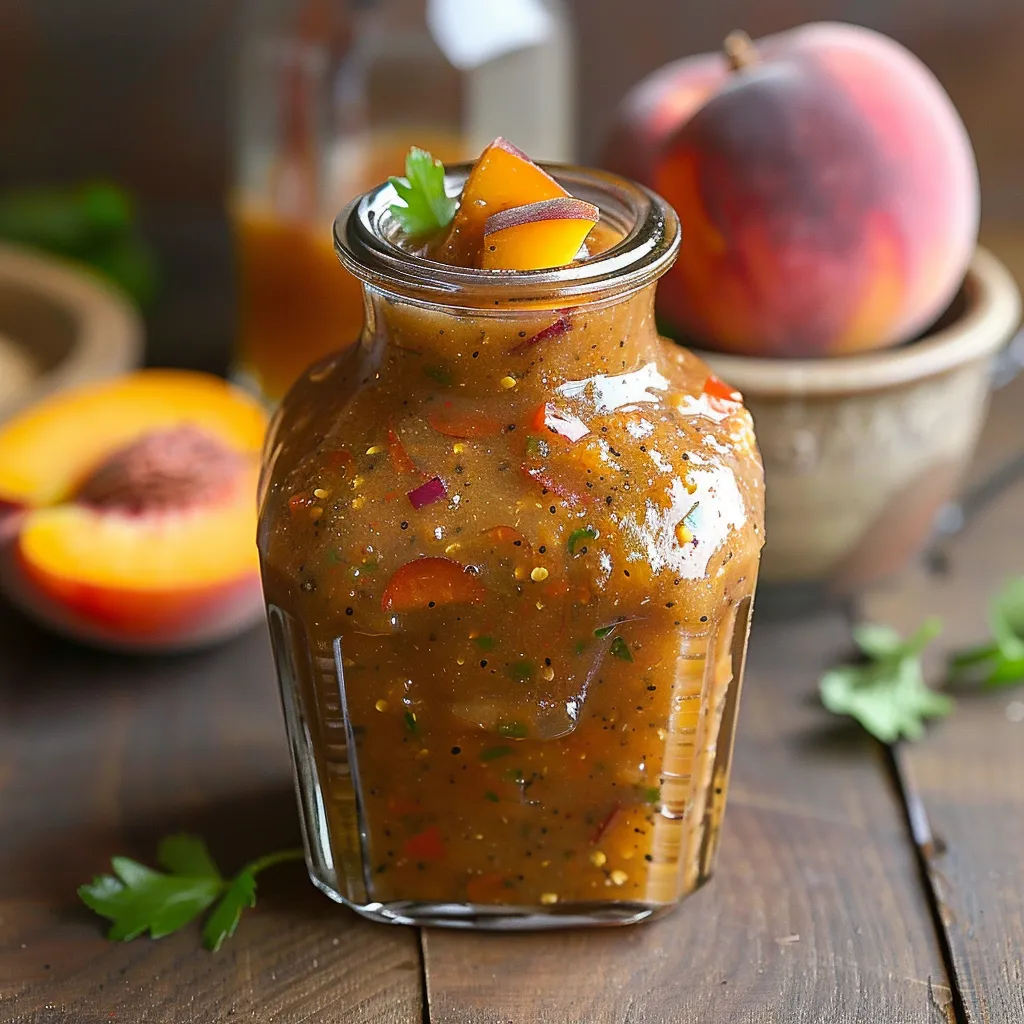 A jar of peach jam sits on a table.