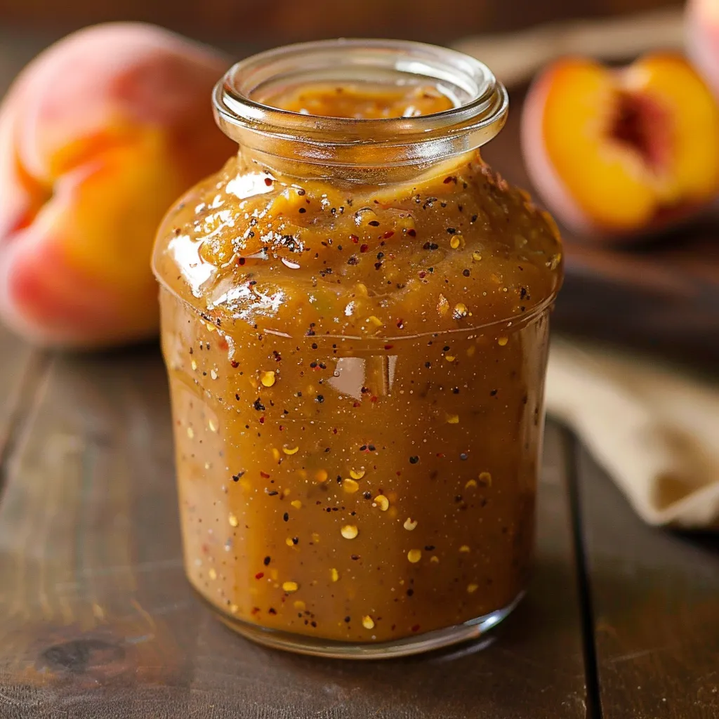 A jar of peach jam on a table.