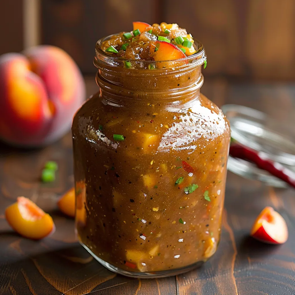 A jar of peach-flavored sauce sitting on a table.