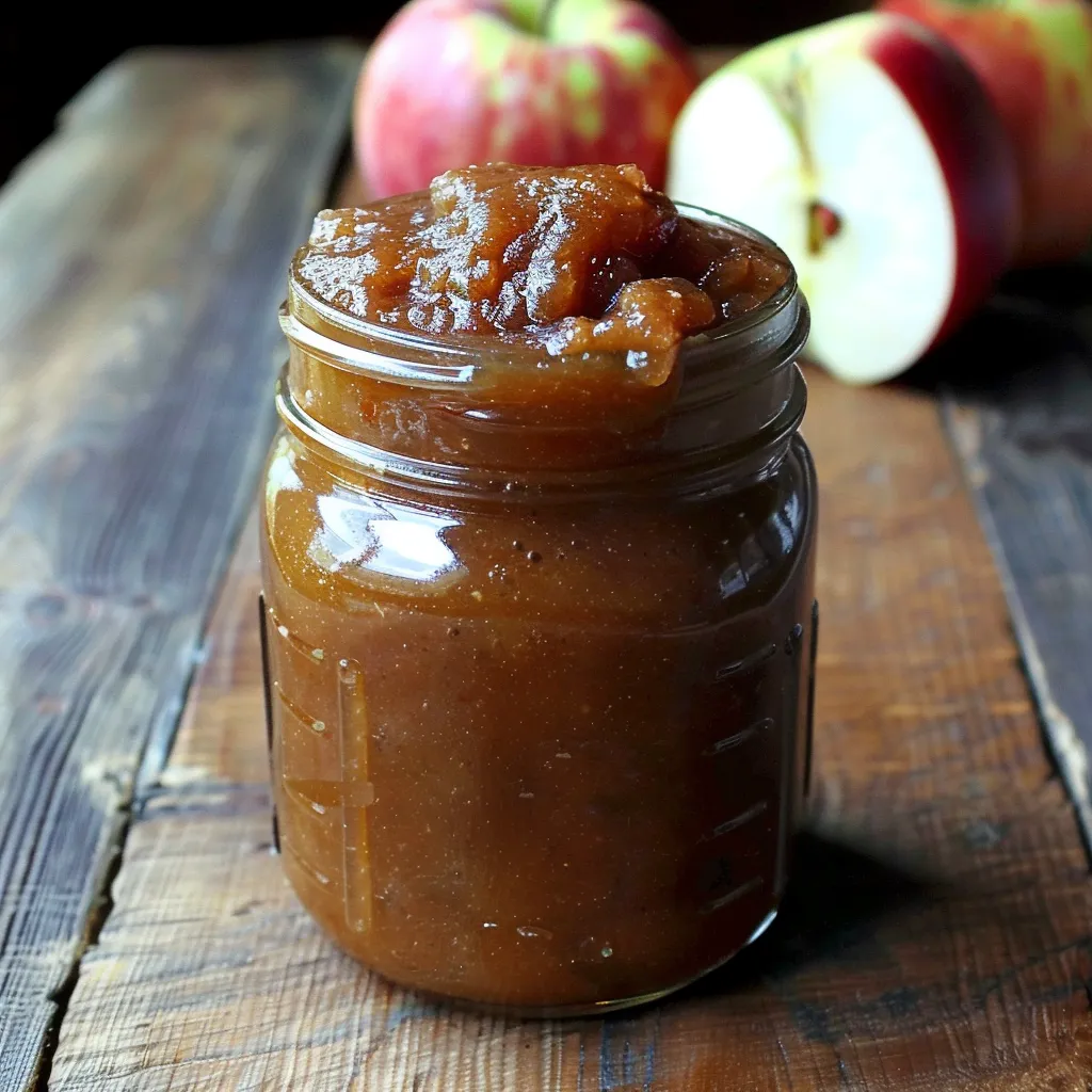 A glass jar filled with apple butter sitting on a wooden table.