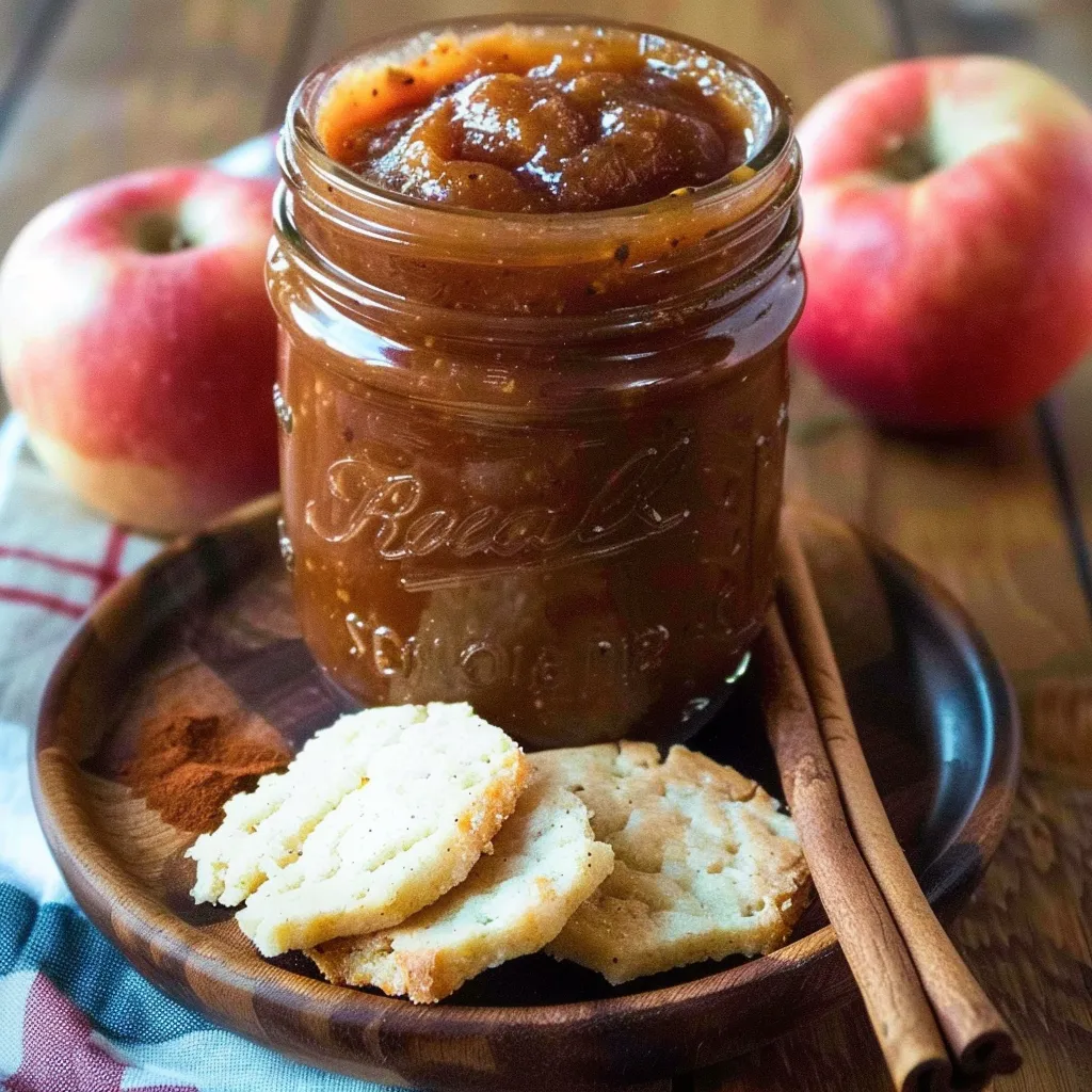 A jar of apple butter with a spoon and a cookie.