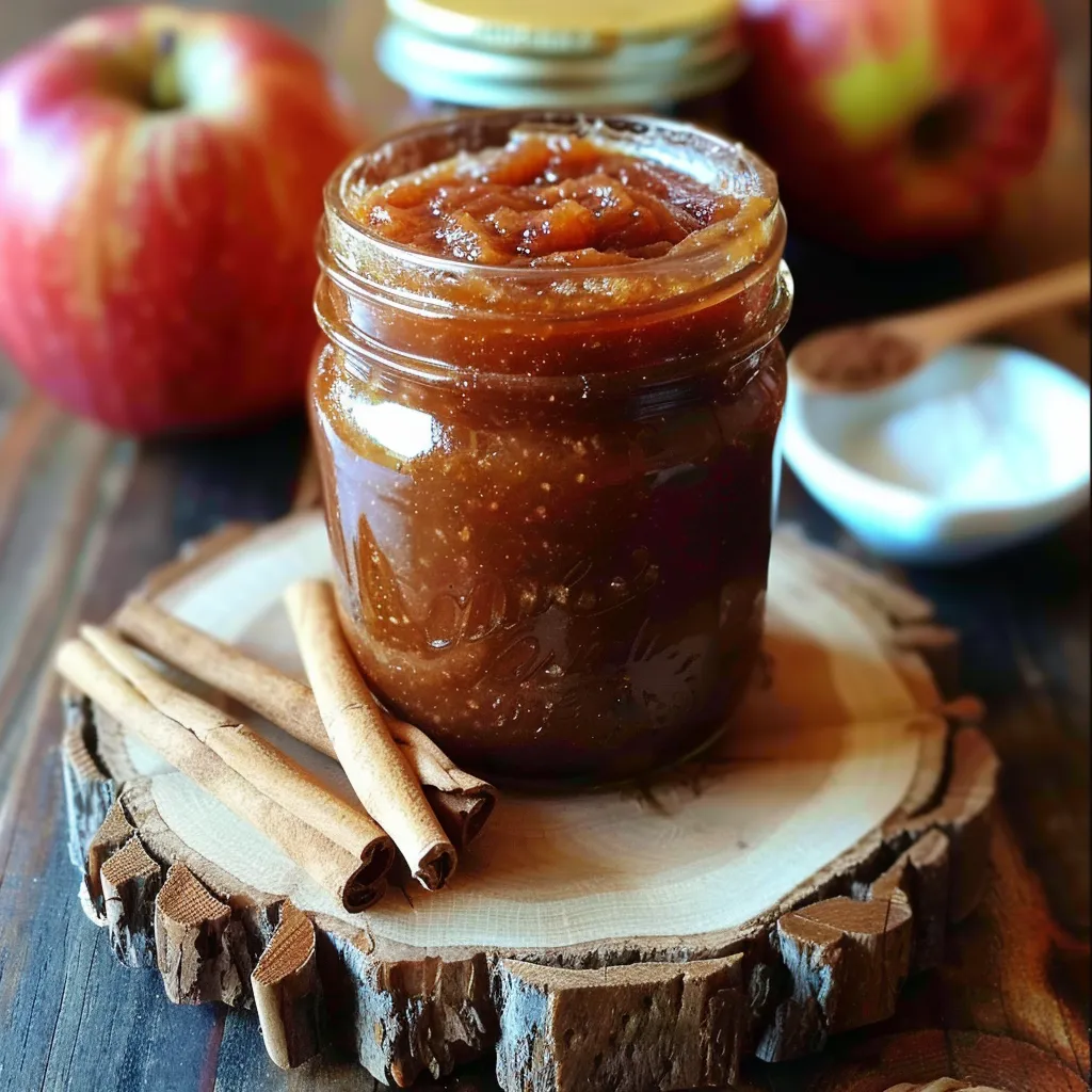 A jar of apple butter on a wooden table.