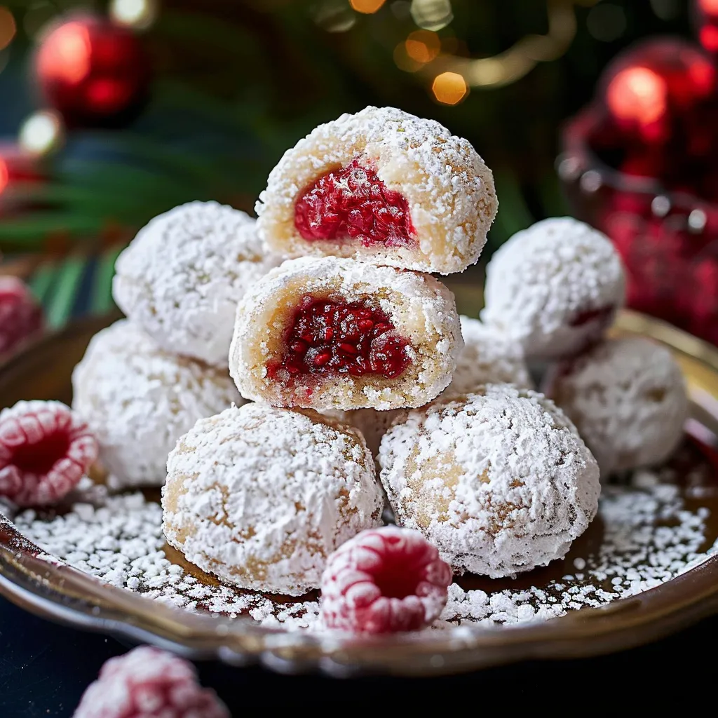 A dish of powdered white sugar treats with red jam centers inside.